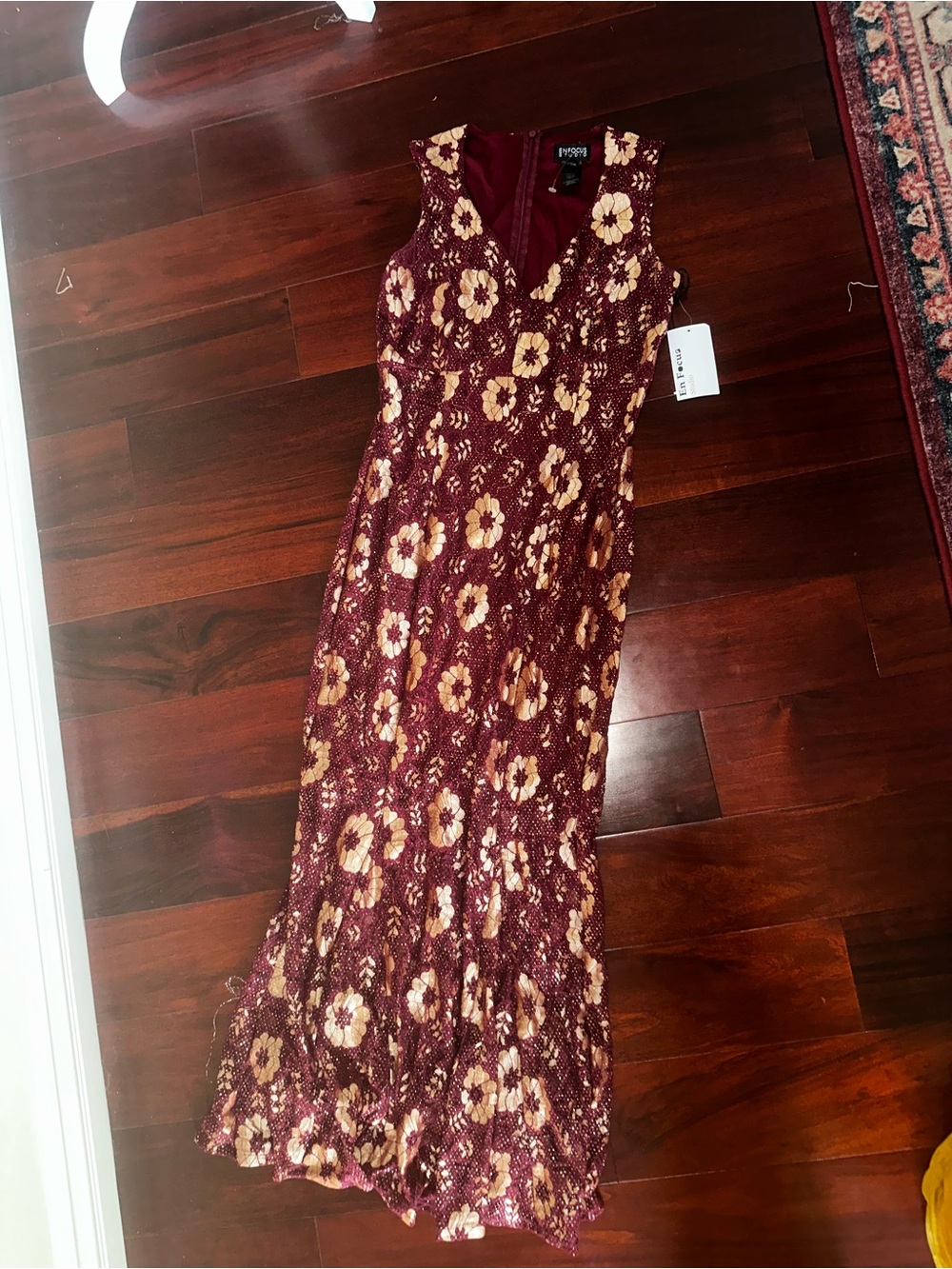 Vince Camuto Burgundy and Tan Floral Lace Maxi Dress